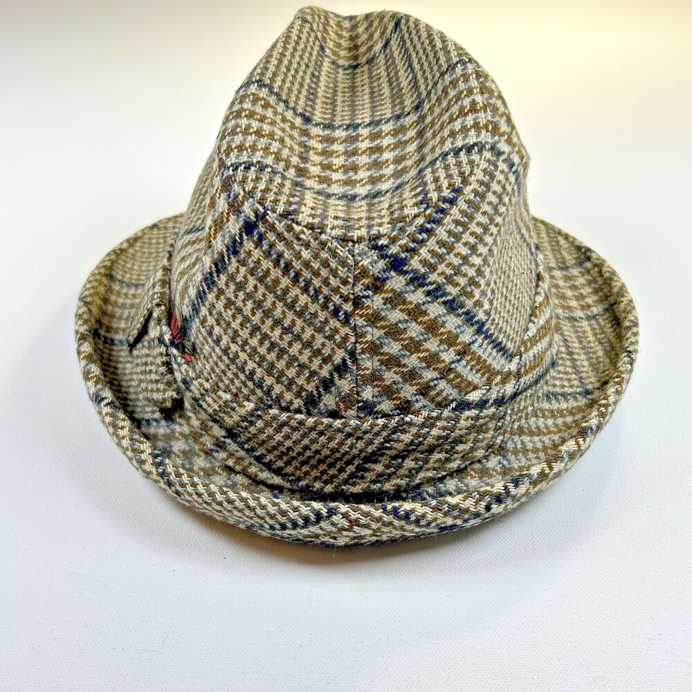 Vintage Kevin McAndrew Tweed Trilby Fedora Hat Mens Sz 7 3/8 Houndstooth Plaid W - Picture 3 of 12